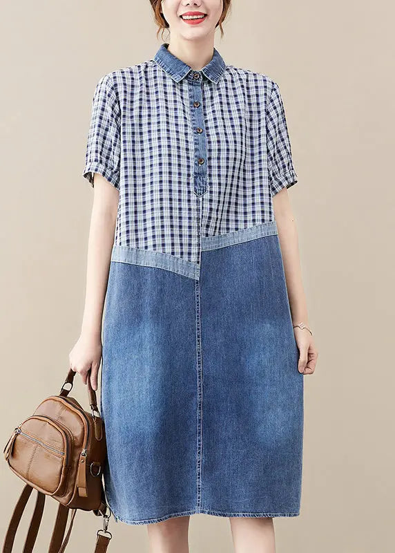 Fitted Blue Peter Pan Collar Patchwork Plaid Denim Long Dress Summer Ada Fashion