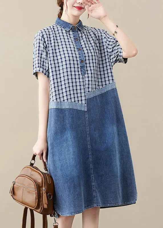 Fitted Blue Peter Pan Collar Patchwork Plaid Denim Long Dress Summer Ada Fashion