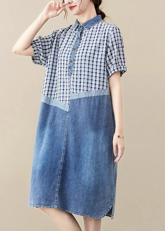 Fitted Blue Peter Pan Collar Patchwork Plaid Denim Long Dress Summer Ada Fashion