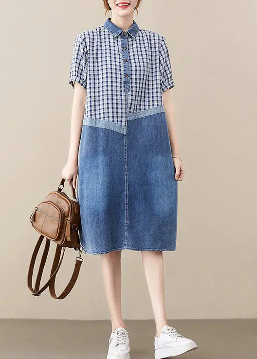 Fitted Blue Peter Pan Collar Patchwork Plaid Denim Long Dress Summer Ada Fashion