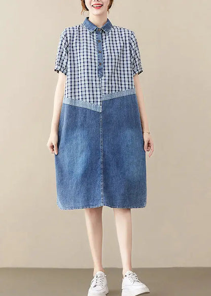 Fitted Blue Peter Pan Collar Patchwork Plaid Denim Long Dress Summer Ada Fashion