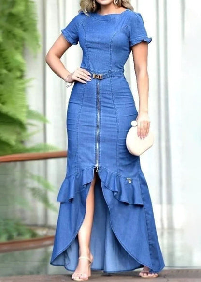 Fitted Blue Ruffled Zip Up Patchwork Denim Long Dress Summer LY4004 - fabuloryshop