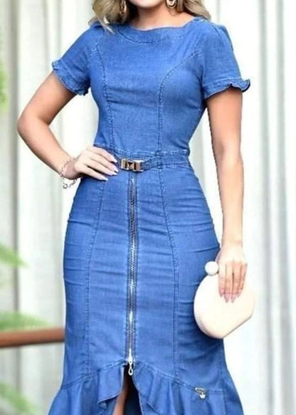 Fitted Blue Ruffled Zip Up Patchwork Denim Long Dress Summer LY4004 - fabuloryshop