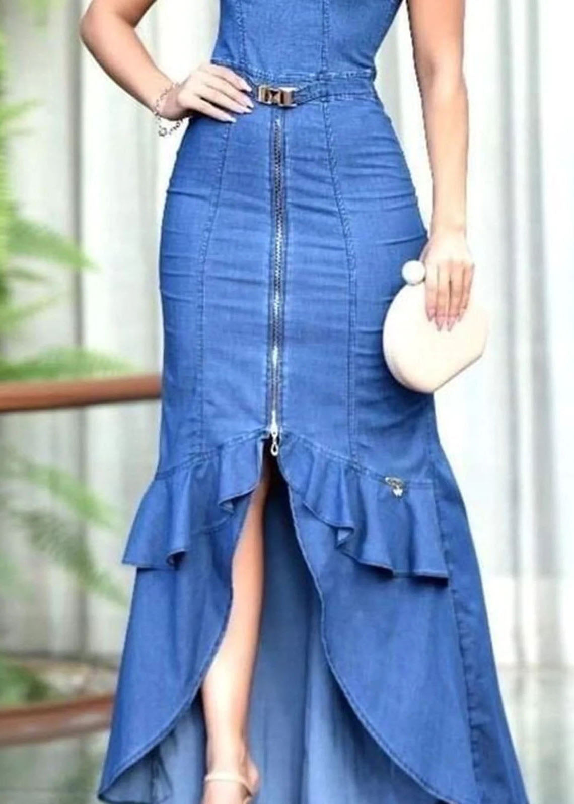 Fitted Blue Ruffled Zip Up Patchwork Denim Long Dress Summer LY4004 - fabuloryshop