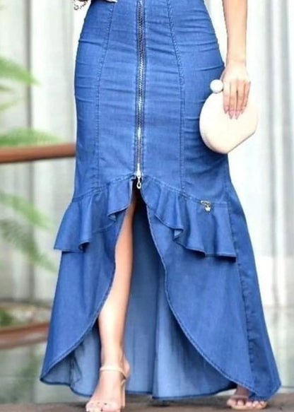 Fitted Blue Ruffled Zip Up Patchwork Denim Long Dress Summer LY4004 - fabuloryshop