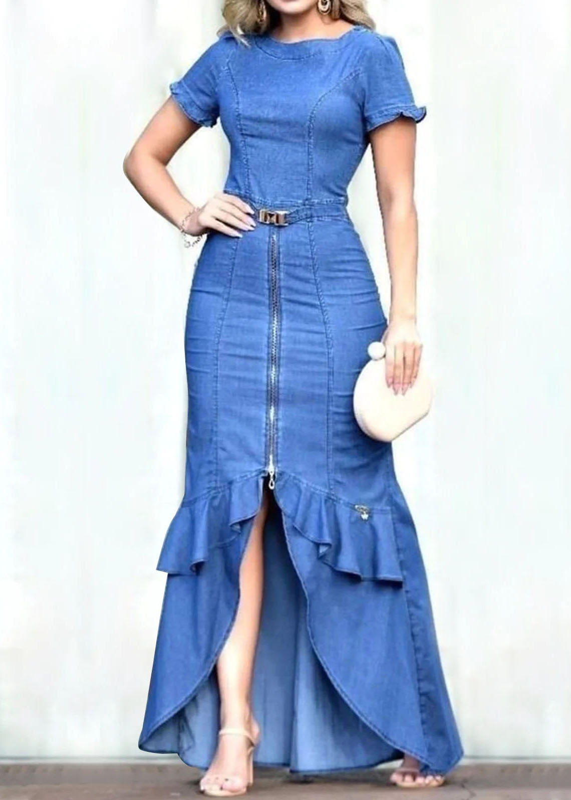 Fitted Blue Ruffled Zip Up Patchwork Denim Long Dress Summer LY4004 - fabuloryshop