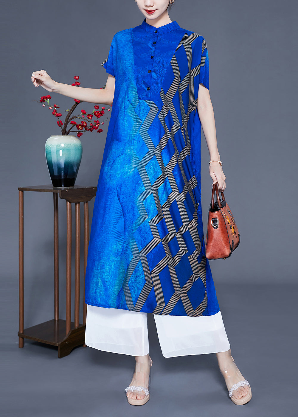 Fitted Blue Stand Collar Tie Dye Silk Maxi Dresses Summer LY0934 - fabuloryshop