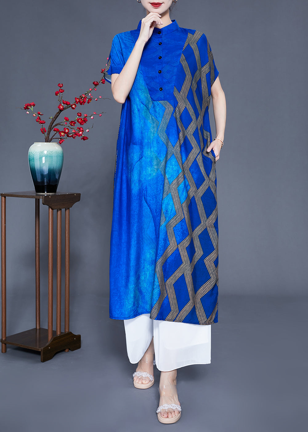 Fitted Blue Stand Collar Tie Dye Silk Maxi Dresses Summer LY0934 - fabuloryshop