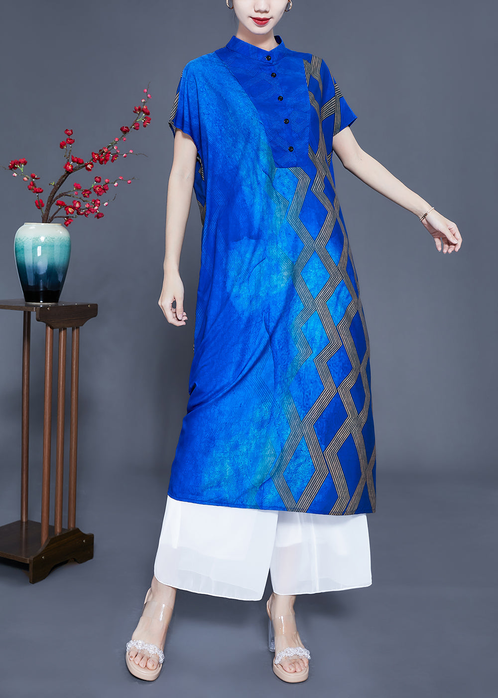 Fitted Blue Stand Collar Tie Dye Silk Maxi Dresses Summer LY0934 - fabuloryshop