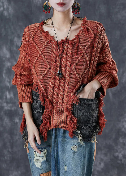 Fitted Brick Red Asymmetrical Patchwork Knit Short Sweater Winter Ada Fashion