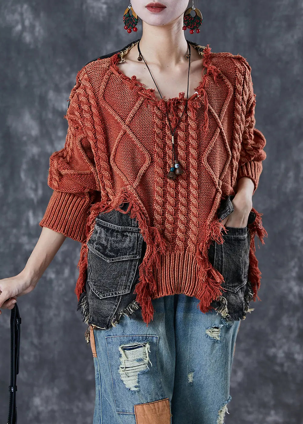 Fitted Brick Red Asymmetrical Patchwork Knit Short Sweater Winter Ada Fashion