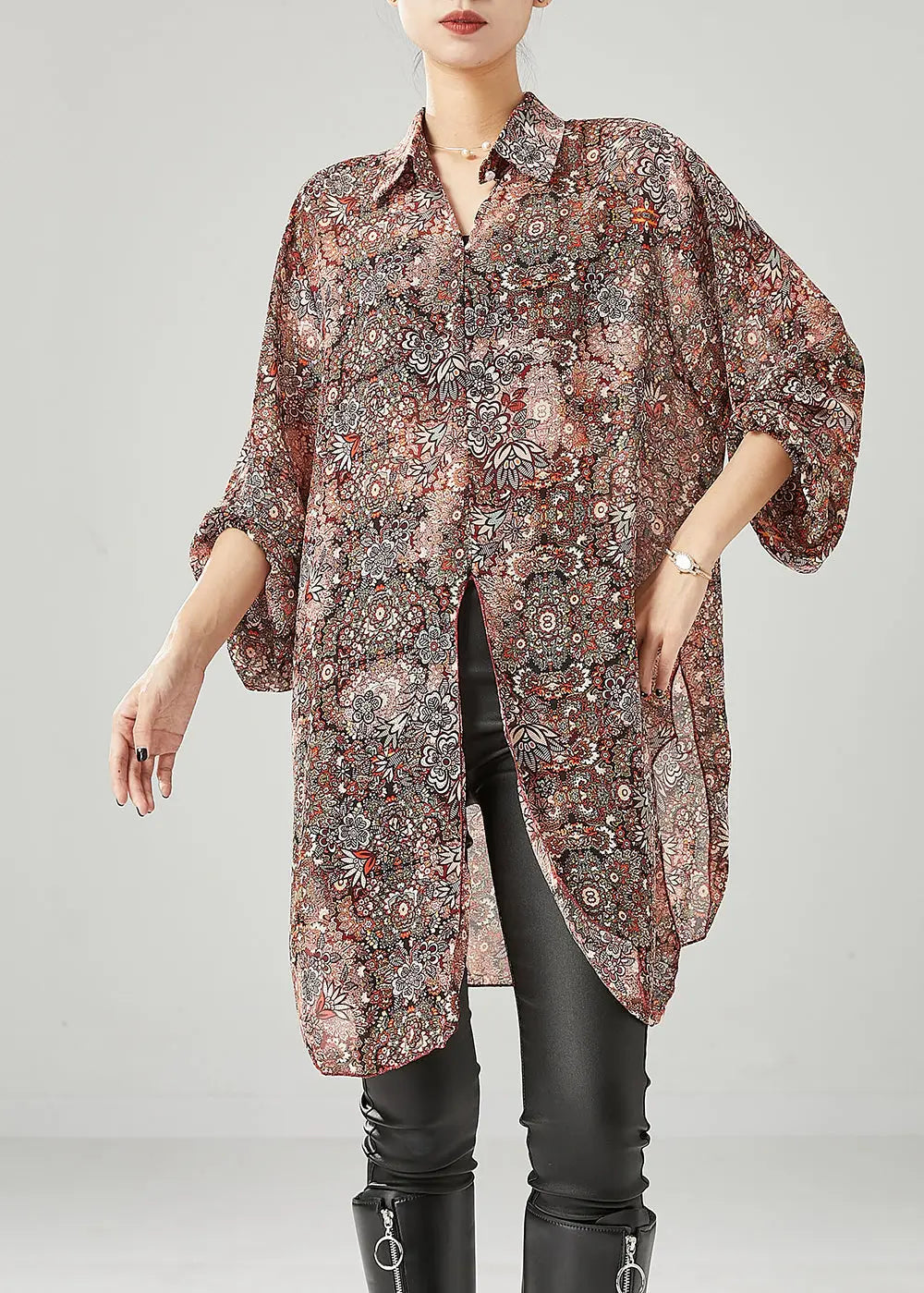 Fitted Brick Red Oversized Print Chiffon Tops Fall Ada Fashion