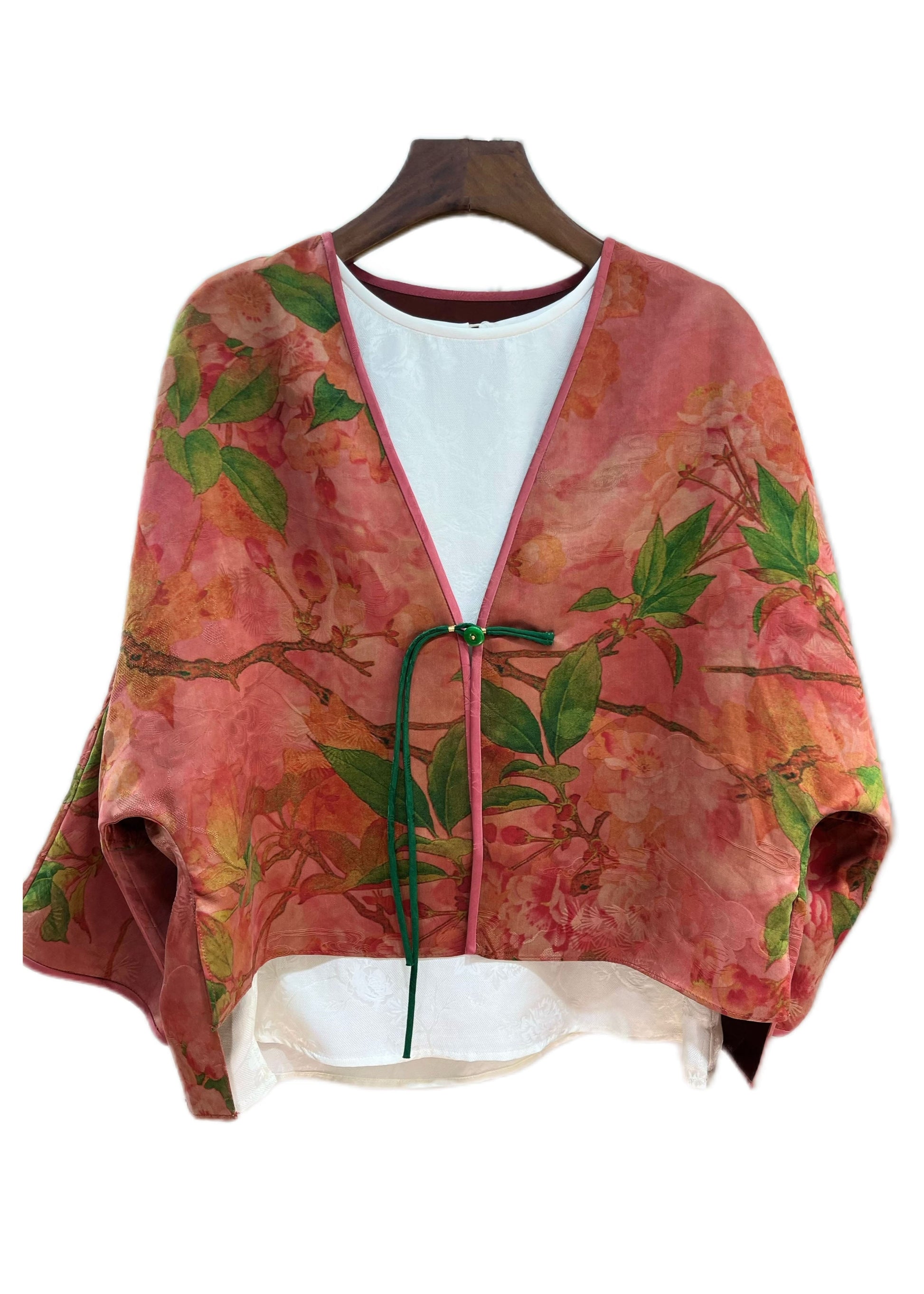 Fitted Brick Red Tasseled Print Silk Cardigans Batwing Sleeve Ada Fashion