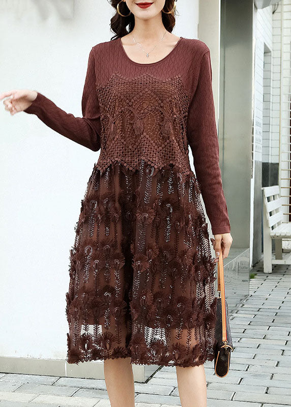 Fitted Coffee Embroideried Patchwork Knit Dresses Spring LY0009 - fabuloryshop