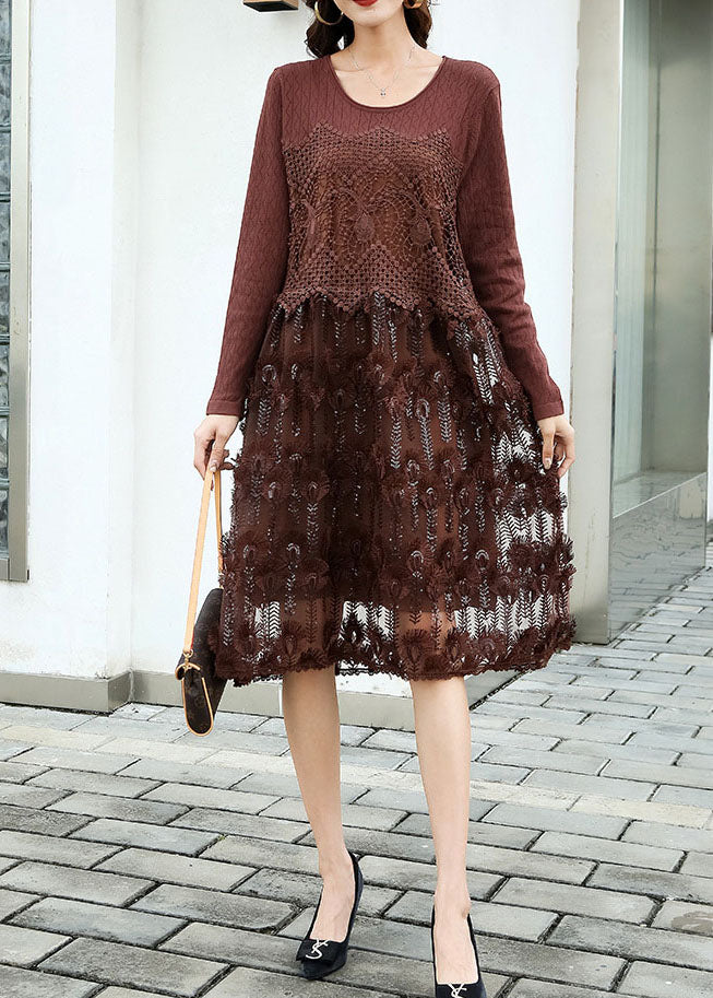 Fitted Coffee Embroideried Patchwork Knit Dresses Spring LY0009 - fabuloryshop