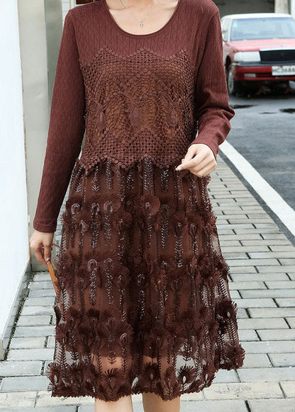 Fitted Coffee Embroideried Patchwork Knit Dresses Spring LY0009 - fabuloryshop