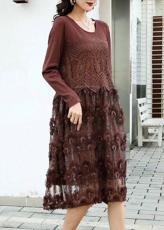 Fitted Coffee Embroideried Patchwork Knit Dresses Spring LY0009 - fabuloryshop