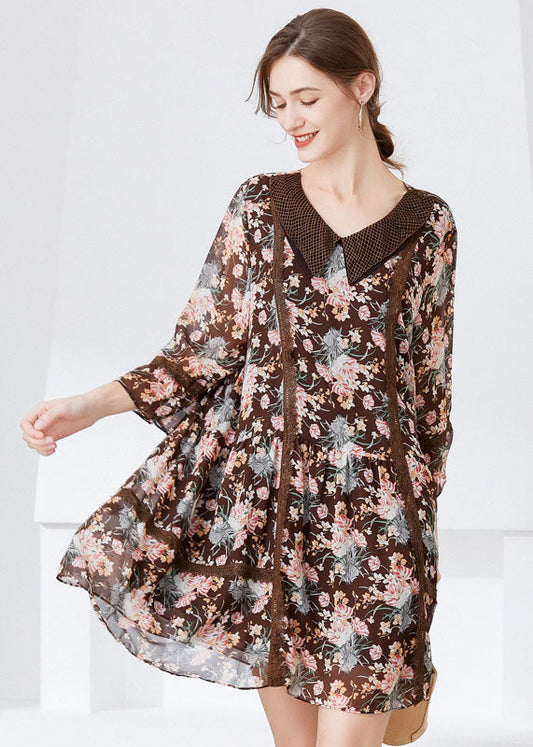 Fitted Coffee Peter Pan Collar Patchwork Print Chiffon Dresses Bracelet Sleeve LY0257 - fabuloryshop