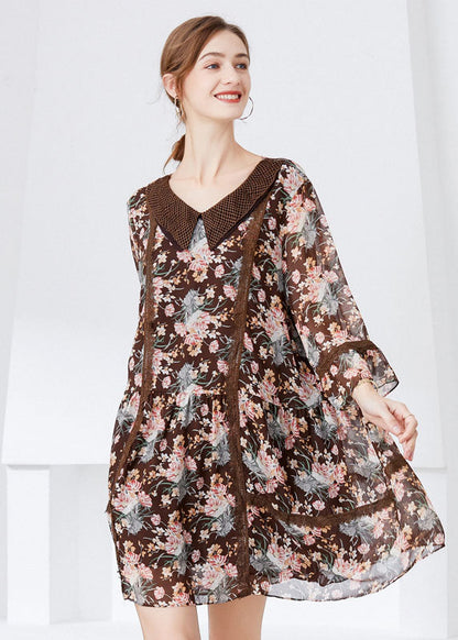 Fitted Coffee Peter Pan Collar Patchwork Print Chiffon Dresses Bracelet Sleeve LY0257 - fabuloryshop