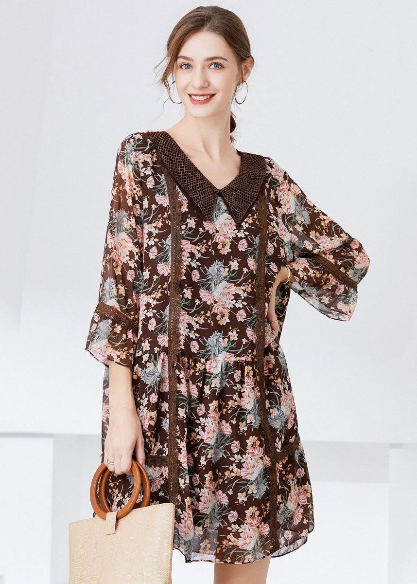 Fitted Coffee Peter Pan Collar Patchwork Print Chiffon Dresses Bracelet Sleeve LY0257 - fabuloryshop