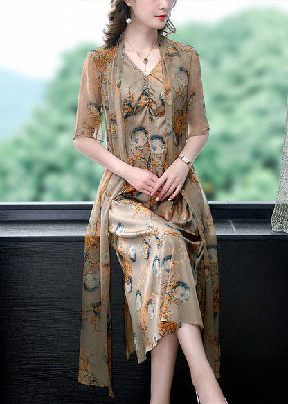 Fitted Coffee V Neck Print Wrinkled Patchwork Silk Dresses Summer LY5971 Ada Fashion