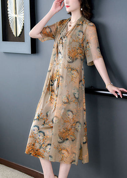 Fitted Coffee V Neck Print Wrinkled Patchwork Silk Dresses Summer LY5971 Ada Fashion