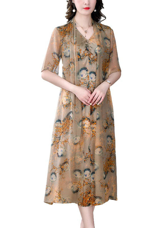 Fitted Coffee V Neck Print Wrinkled Patchwork Silk Dresses Summer LY5971 Ada Fashion