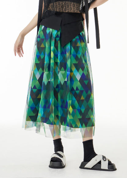 Fitted Green Asymmetrical Print Patchwork Tulle Skirts Summer Ada Fashion