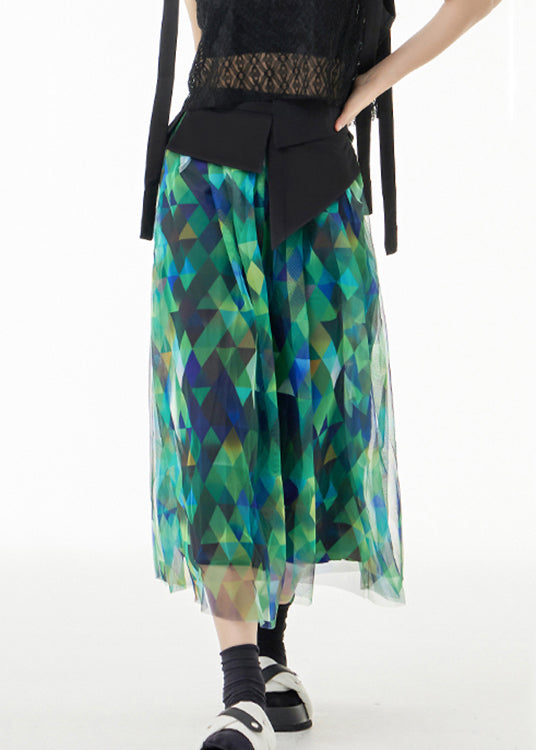 Fitted Green Asymmetrical Print Patchwork Tulle Skirts Summer Ada Fashion