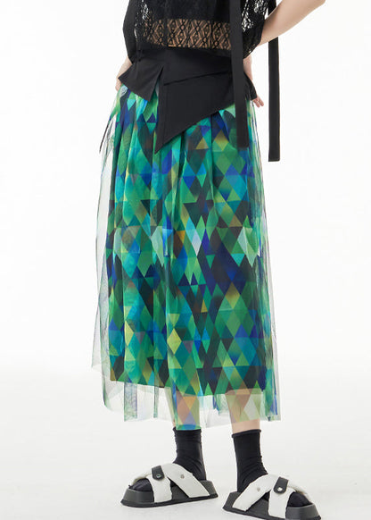 Fitted Green Asymmetrical Print Patchwork Tulle Skirts Summer Ada Fashion