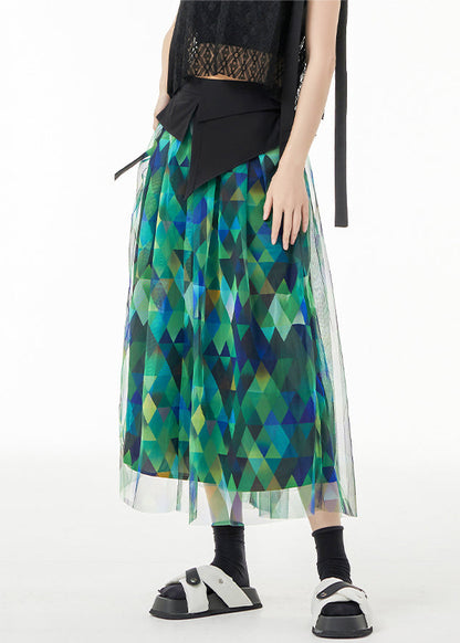 Fitted Green Asymmetrical Print Patchwork Tulle Skirts Summer Ada Fashion