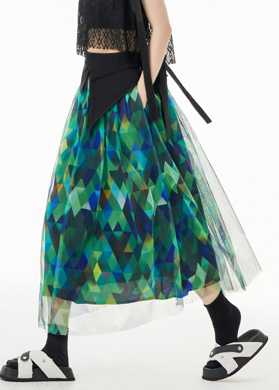 Fitted Green Asymmetrical Print Patchwork Tulle Skirts Summer Ada Fashion