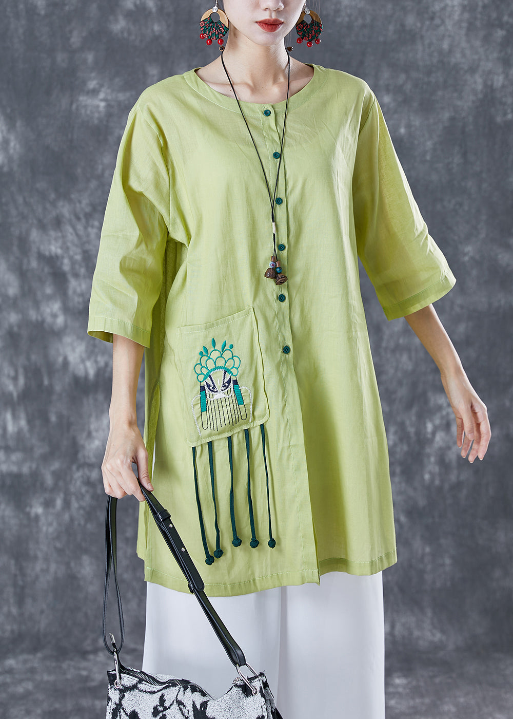 Fitted Green Embroideried Tassel Linen Top Half Sleeve LY4991 - fabuloryshop