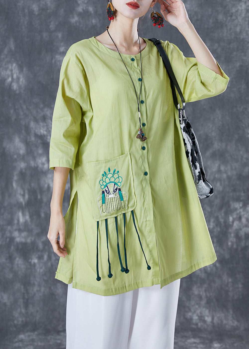 Fitted Green Embroideried Tassel Linen Top Half Sleeve LY4991 - fabuloryshop