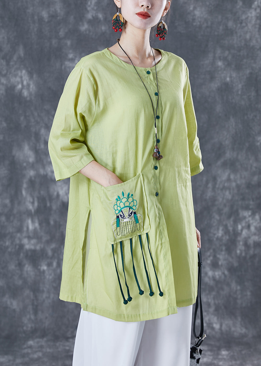 Fitted Green Embroideried Tassel Linen Top Half Sleeve LY4991 - fabuloryshop