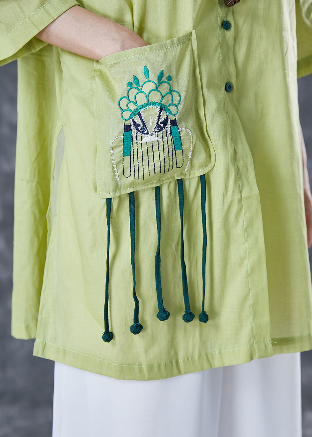 Fitted Green Embroideried Tassel Linen Top Half Sleeve LY4991 - fabuloryshop