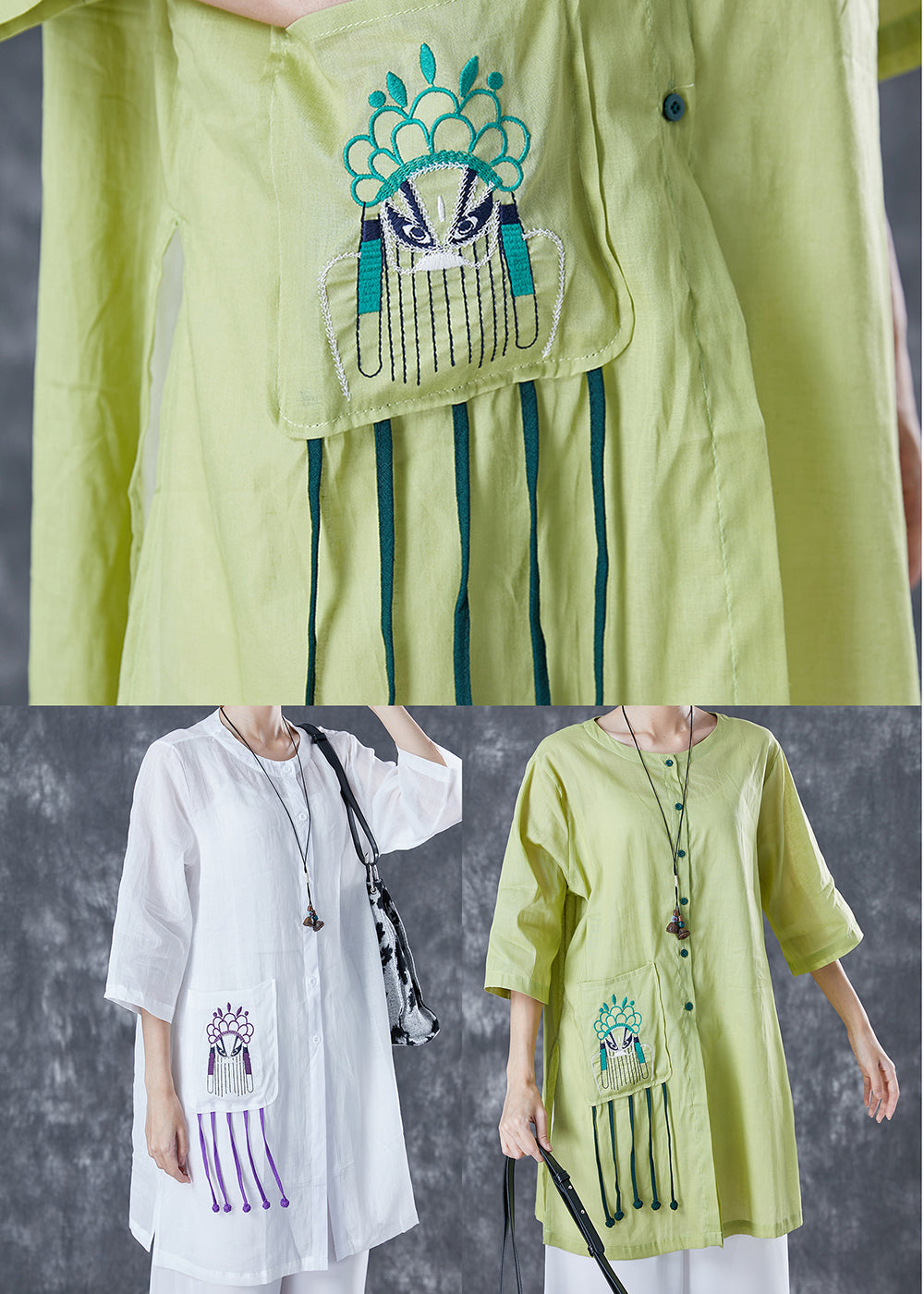 Fitted Green Embroideried Tassel Linen Top Half Sleeve LY4991 - fabuloryshop