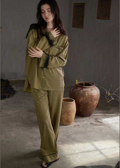 Fitted Green Notched Plaid Button Cotton Pajamas Two Pieces Set Spring TO1027 - fabuloryshop