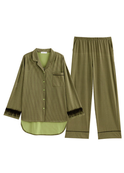 Fitted Green Notched Plaid Button Cotton Pajamas Two Pieces Set Spring TO1027 - fabuloryshop