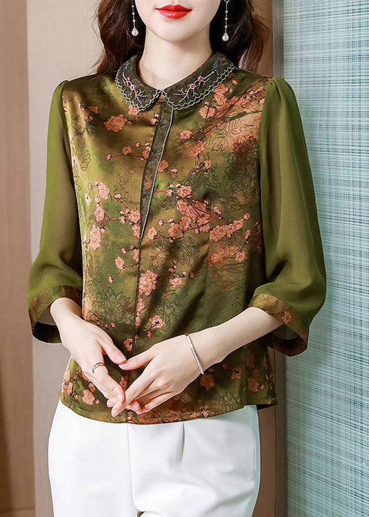 Fitted Green Peter Pan Collar Print Silk Blouse Tops Bracelet Sleeve LY0455 - fabuloryshop