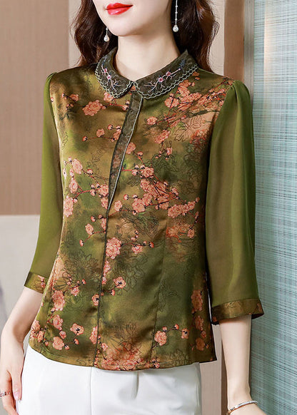 Fitted Green Peter Pan Collar Print Silk Blouse Tops Bracelet Sleeve LY0455 - fabuloryshop