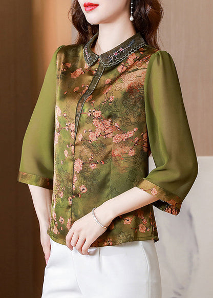 Fitted Green Peter Pan Collar Print Silk Blouse Tops Bracelet Sleeve LY0455 - fabuloryshop