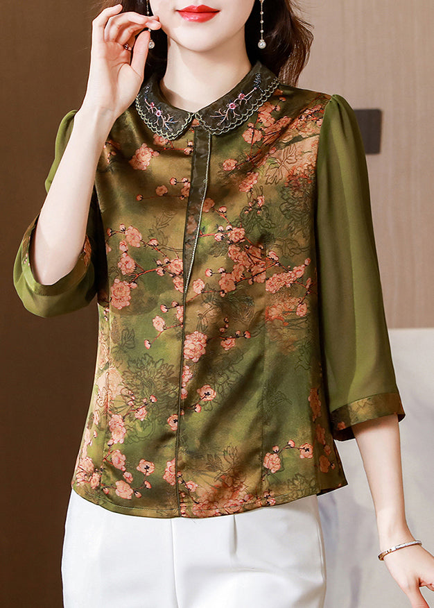 Fitted Green Peter Pan Collar Print Silk Blouse Tops Bracelet Sleeve LY0455