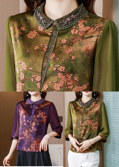 Fitted Green Peter Pan Collar Print Silk Blouse Tops Bracelet Sleeve LY0455 - fabuloryshop