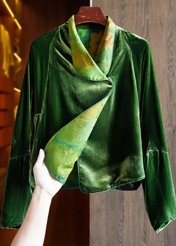 Fitted Green Silk Velour Coats Notched Long Sleeve Ada Fashion