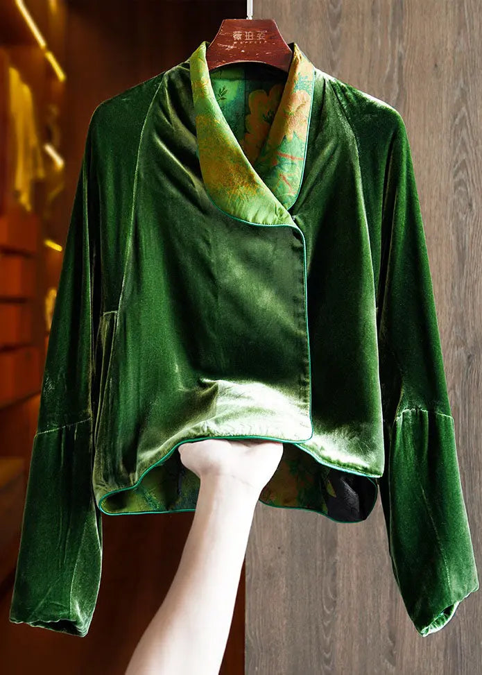 Fitted Green Silk Velour Coats Notched Long Sleeve Ada Fashion