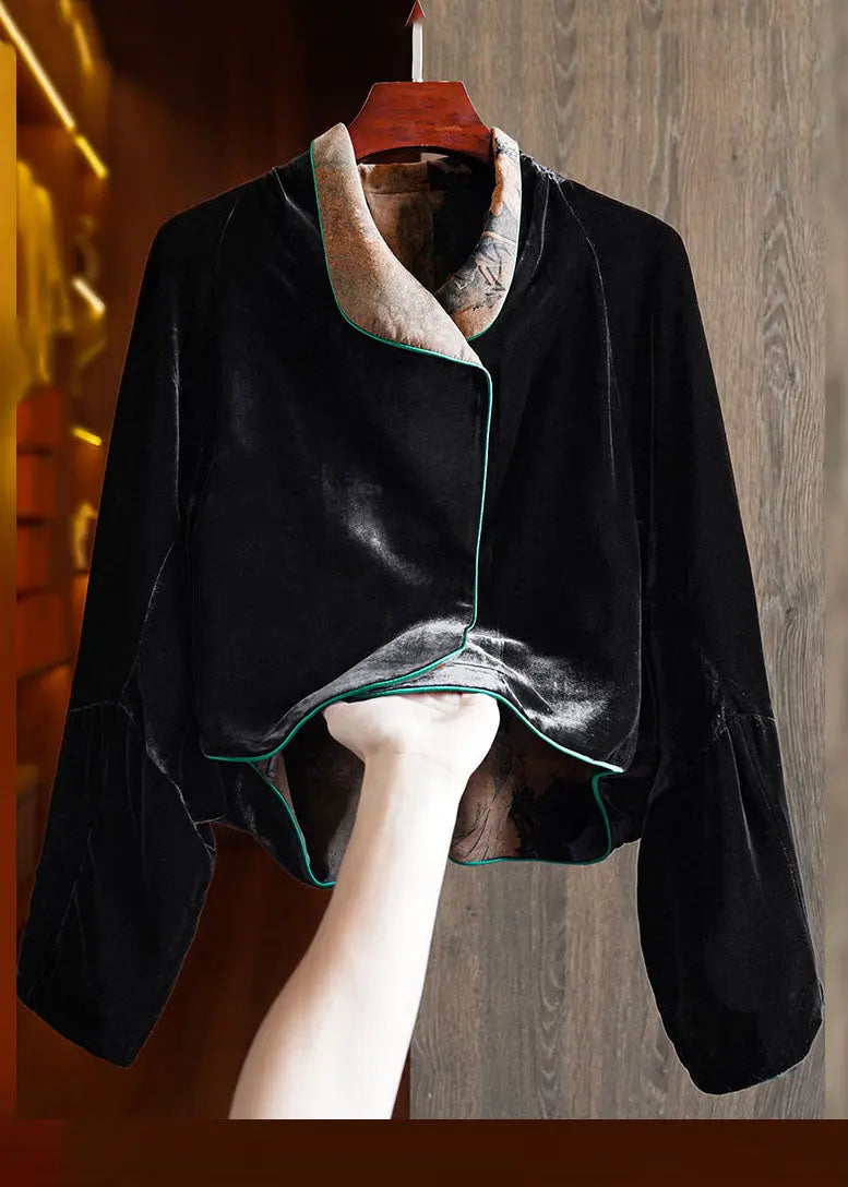 Fitted Green Silk Velour Coats Notched Long Sleeve Ada Fashion