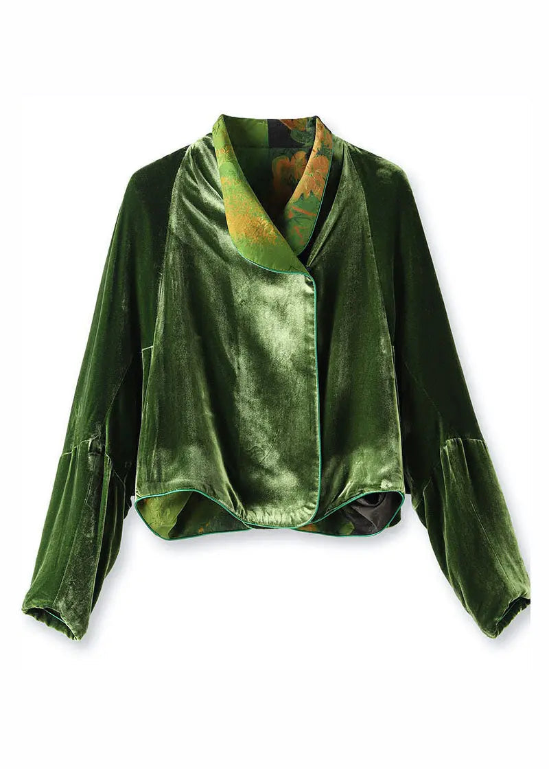 Fitted Green Silk Velour Coats Notched Long Sleeve Ada Fashion