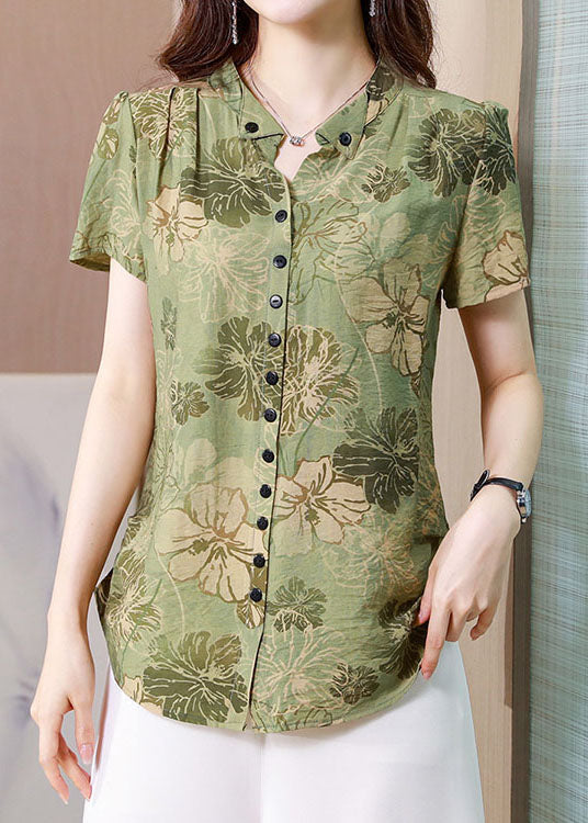Fitted Green Stand Collar Print Button Silk Blouse Top Summer LY0439 - fabuloryshop