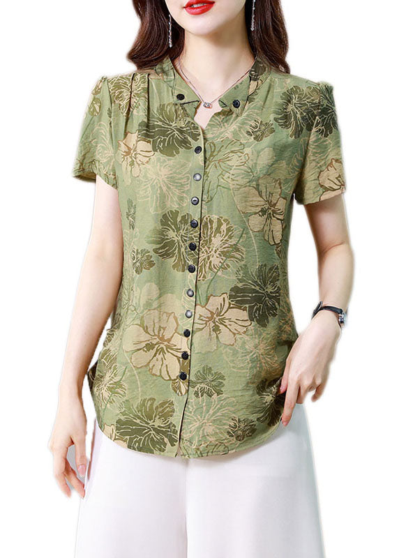 Fitted Green Stand Collar Print Button Silk Blouse Top Summer LY0439 - fabuloryshop